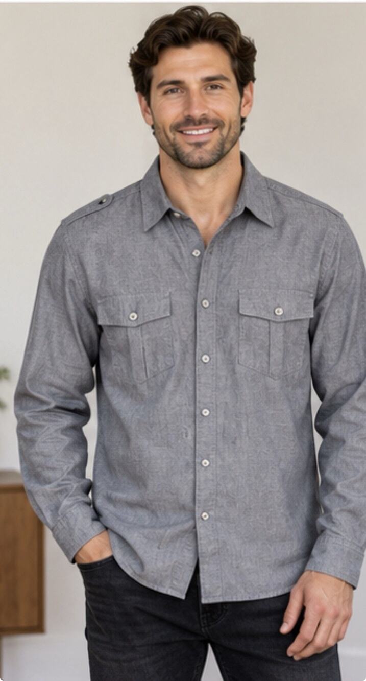 J Ferrar Modern Fit Shirt Mens M Gray Roll Tab Sleeve Utility Button Up